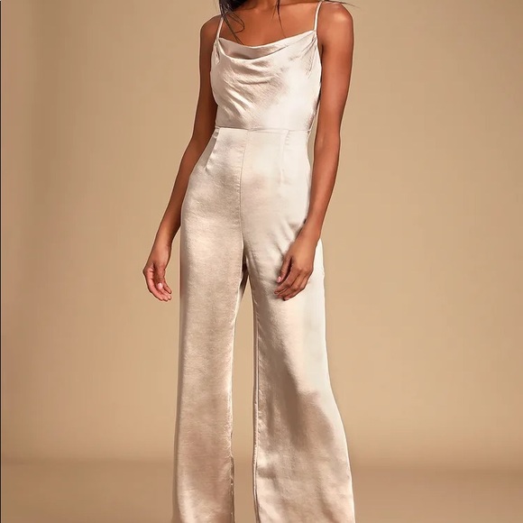 Lulu’s Night Champagne Satin Cowl Neck Culotte Jumpsuit - Picture 1 of 4